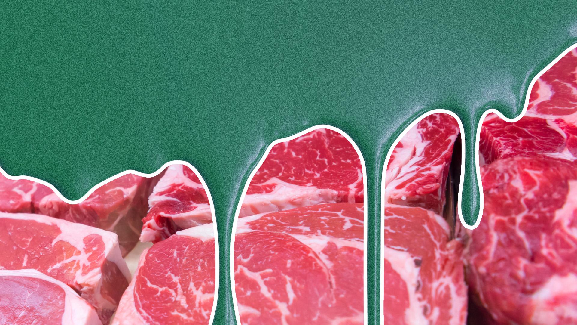 A graphic showing green ooze dripping over raw beef